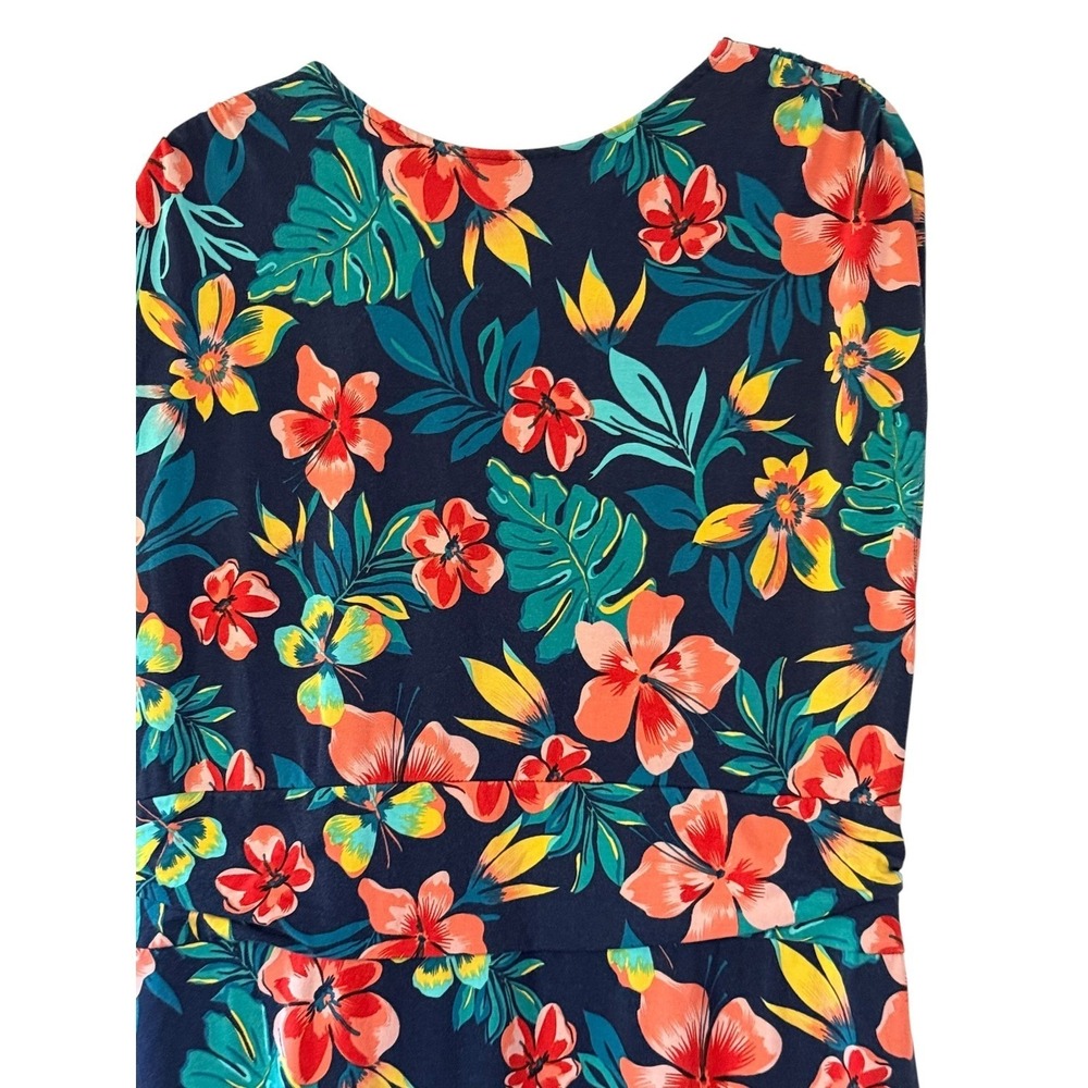 Lands' End Faux Wrap Dress 2X Plus Blue Tropical Floral Cap Sleeve Knit Midi - Picture 6 of 7